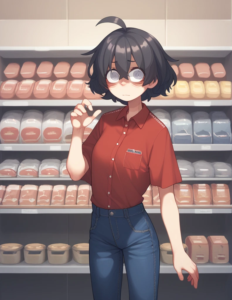 1 girl, alone, ppka, black fur, short hair, messy fur, Ahoge, parts, parts all over the body, grey eyes, blind eyes, kind eyes, very nervous, looking at the viewer,
store, oxxo, (oxxo) counter behind the counter,
blue jeans, black pantaloon, red polo blouse, (oxxo) (oxxo uniform)
Serving the viewer