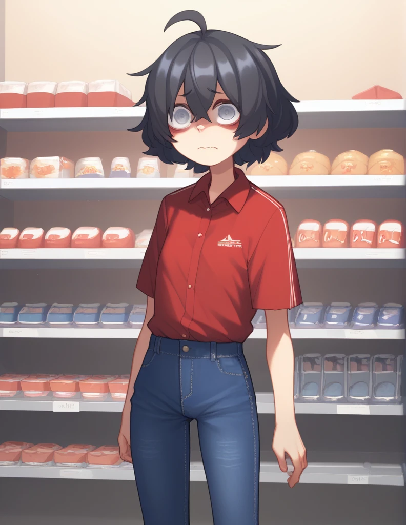 1 girl, alone, ppka, black fur, short hair, messy fur, Ahoge, parts, parts all over the body, grey eyes, blind eyes, kind eyes, very nervous, looking at the viewer,
store, oxxo, (oxxo) counter behind the counter,
blue jeans, black pantaloon, red polo blouse, (oxxo) (oxxo uniform)
Serving the viewer