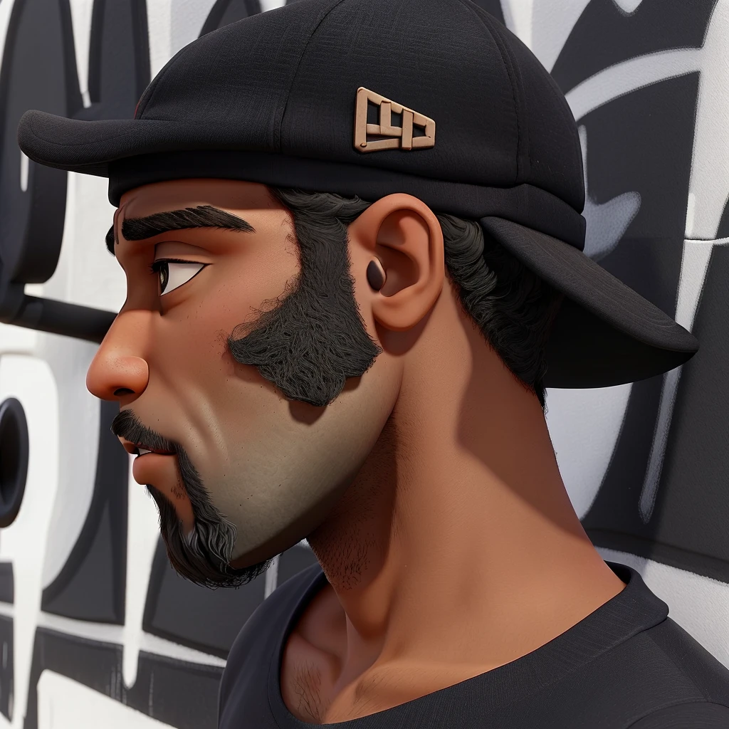 he is dark-skinned, has a black beard and is wearing a black cap