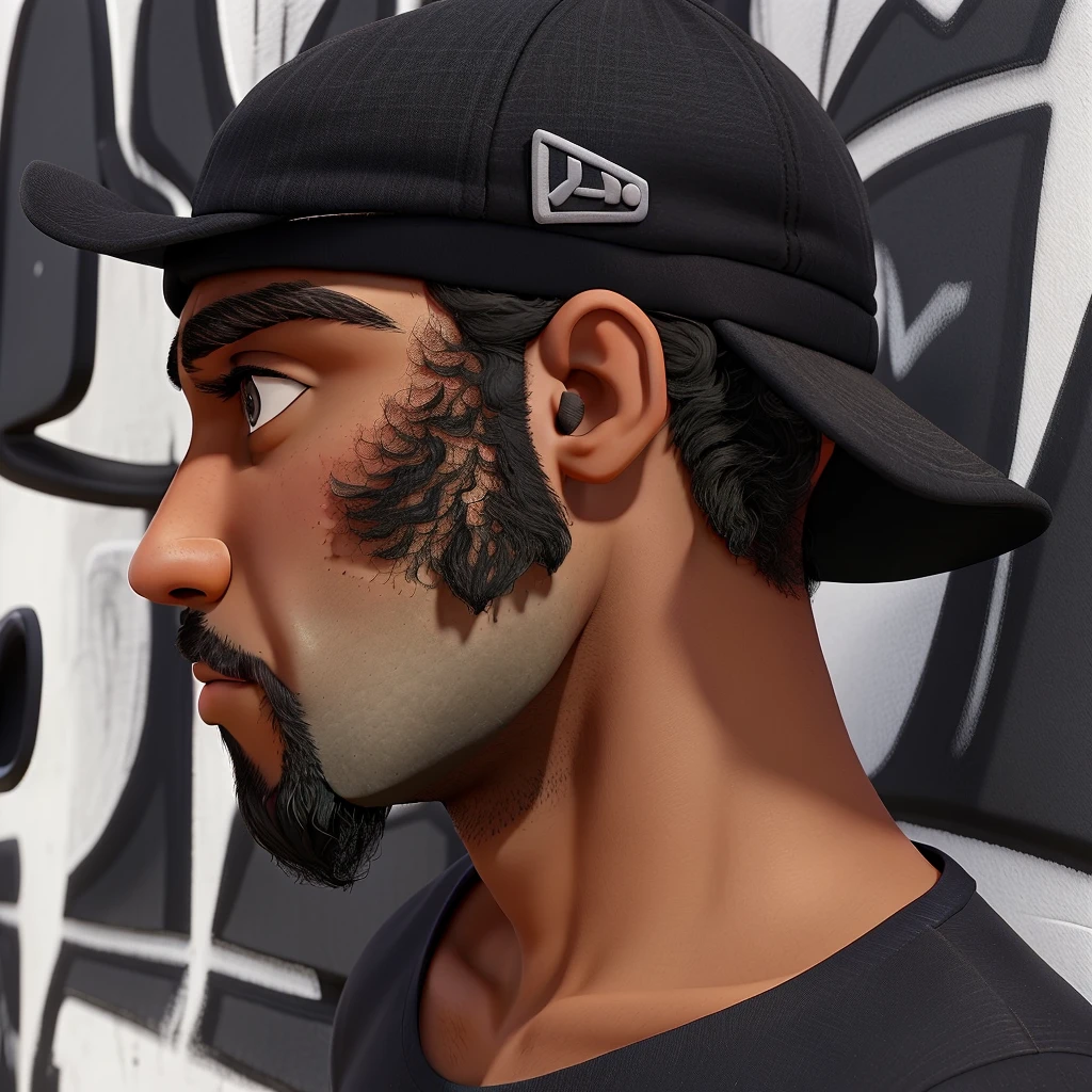 he is dark-skinned, has a black beard and is wearing a black cap