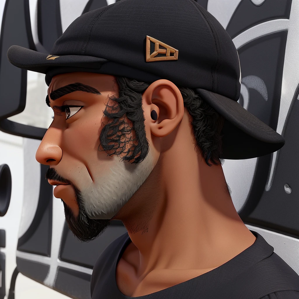 he is dark-skinned, has a black beard and is wearing a black cap