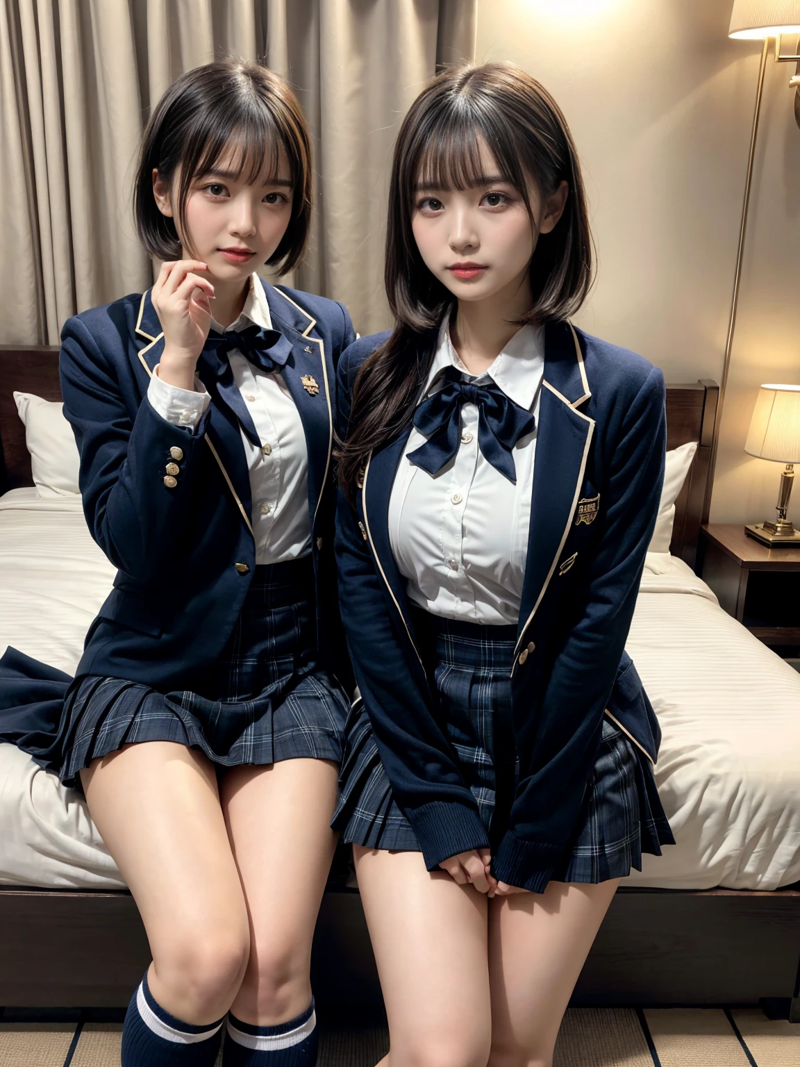 (8K, RAW Photos, Highest quality, masterpiece:1.2), masterpiece, super detailed, super high quality, (Realistic and photorealistic photography:1. 37), High-resolution RAW color photos, Very delicate and beautiful, highly detailed, 8k wallpaper, wonderful, detailed, Very eye, very detailed, very detailed skin, very thin fingers, very detailed nose, very detailed mouth, Perfect Anatomy, BREAK, (2 girls, japanesgirls:1.2), Colossal tits, short bob hair, black hair color, huge breasts, very huge round breasts, Beautiful makeup, glitter makeup, Big Natural Color Lip, perfect body shape, crying a little, beautiful legs, beautiful legs, Voluptuous thighs, BREAK, High school girl uniform, blazer, Super Short Check Uniform Skirt, Navy blue high socks, BREAK, The background is a luxury hotel room