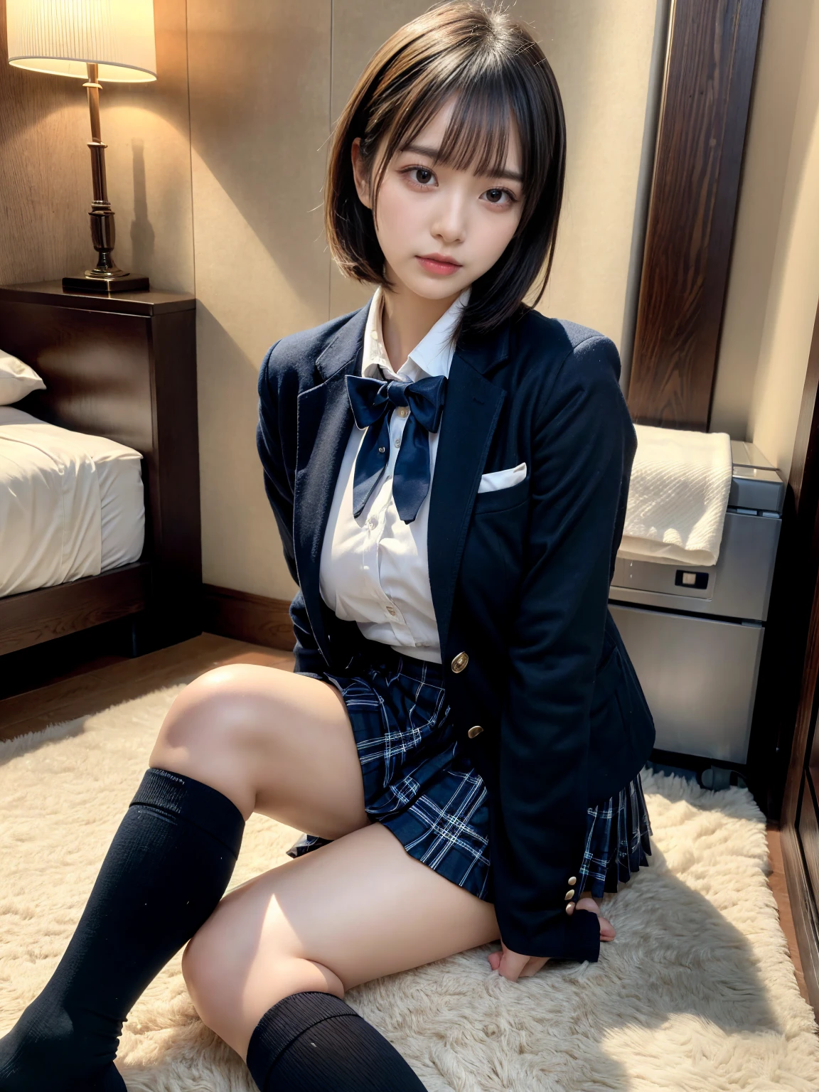 (8K, RAW Photos, Highest quality, masterpiece:1.2), masterpiece, super detailed, super high quality, (Realistic and photorealistic photography:1. 37), High-resolution RAW color photos, Very delicate and beautiful, highly detailed, 8k wallpaper, wonderful, detailed, Very eye, very detailed, very detailed skin, very thin fingers, very detailed nose, very detailed mouth, Perfect Anatomy, BREAK, (2 girls, japanesgirls:1.2), Colossal tits, short bob hair, black hair color, huge breasts, very huge round breasts, Beautiful makeup, glitter makeup, Big Natural Color Lip, perfect body shape, crying a little, beautiful legs, beautiful legs, Voluptuous thighs, BREAK, High school girl uniform, blazer, Super Short Check Uniform Skirt, Navy blue high socks, BREAK, The background is a luxury hotel room