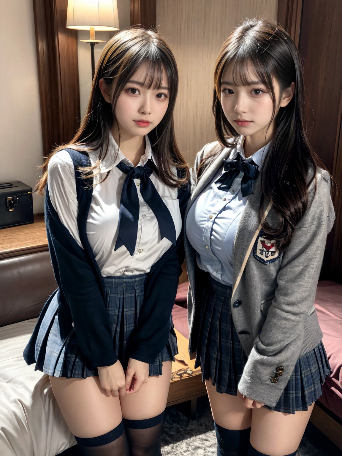 (8K, RAW Photos, Highest quality, masterpiece:1.2), masterpiece, super detailed, super high quality, (Realistic and photorealistic photography:1. 37), High-resolution RAW color photos, Very delicate and beautiful, highly detailed, 8k wallpaper, wonderful, detailed, Very eye, very detailed, very detailed skin, very thin fingers, very detailed nose, very detailed mouth, Perfect Anatomy, BREAK, (2 girls, japanesgirls:1.2), Colossal tits, short bob hair, black hair color, huge breasts, very huge round breasts, Beautiful makeup, glitter makeup, Big Natural Color Lip, perfect body shape, crying a little, beautiful legs, beautiful legs, Voluptuous thighs, BREAK, High school girl uniform, blazer, Super Short Check Uniform Skirt, Navy blue high socks, BREAK, The background is a luxury hotel room