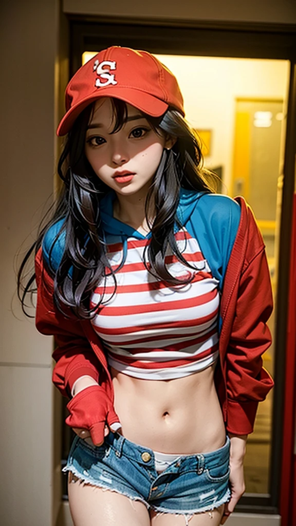 Slim wavy hair girl in shorts and cool red striped open shirt with blue hoodie and yellow cap