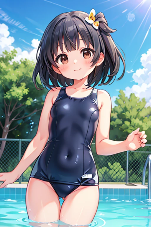 iku nakatani,1girl, solo,old school swimsuit, closed mouth, smile, black hair, navel, ass visible through thighs,flat chest,, water, brown eyes, one side up, hair ornament, looking at viewer, blush, outdoors,pool,from below