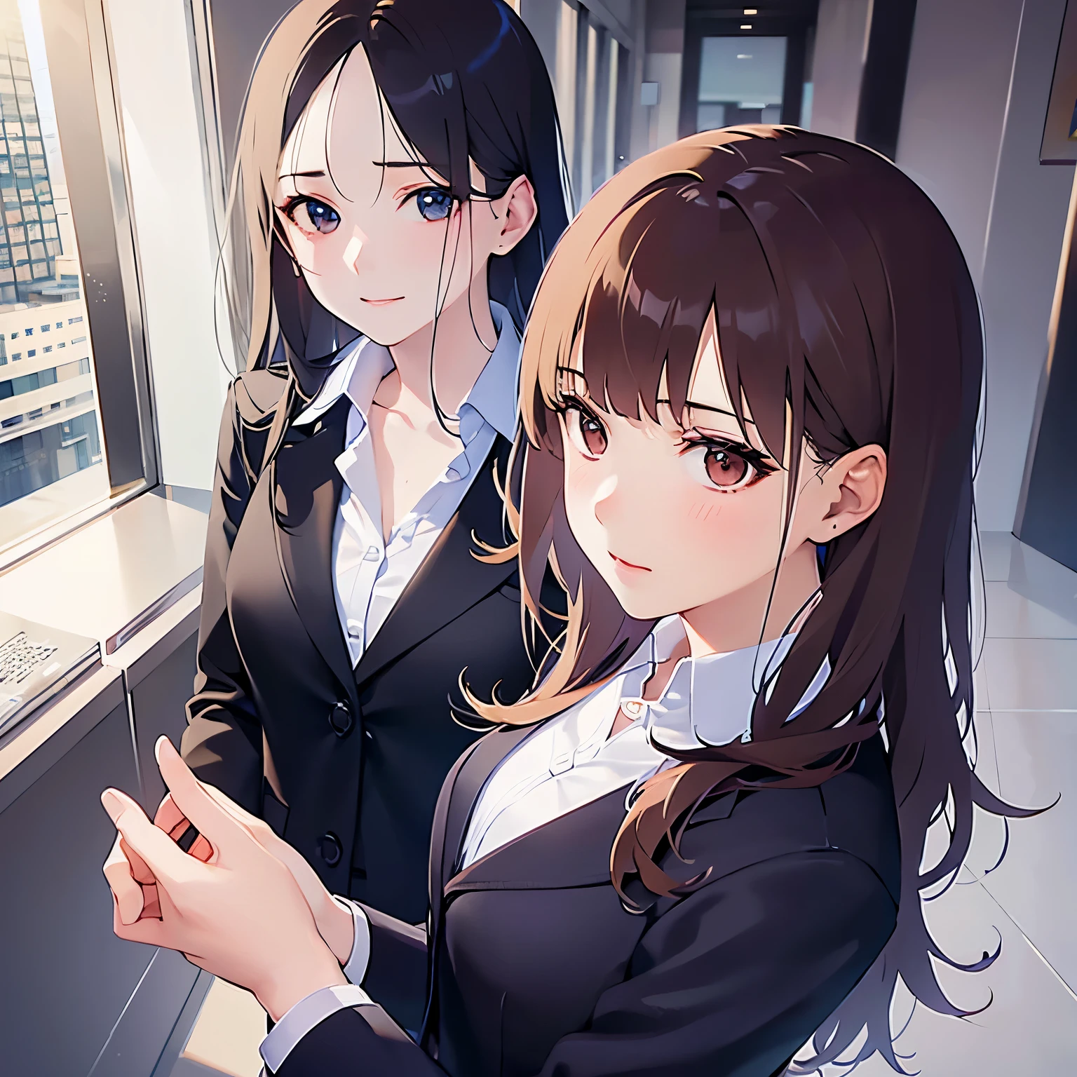 Biologically correct5Finger,Hands on the ears,Shot from above、 Realistic, real person, (pale skin: 1.2), RAW photo, photorealistic, shiny skin, shiny hair、 (A 35-year-old woman with medium-length hair and bangs) and (wavy hair) and (brown hair) and (Orange Eyes) (Wearing a business suit:1.5) and (Wearing a white collared shirt)、(blush:1.5),The background is the office lobby.、Alone、Wearing a black jacket