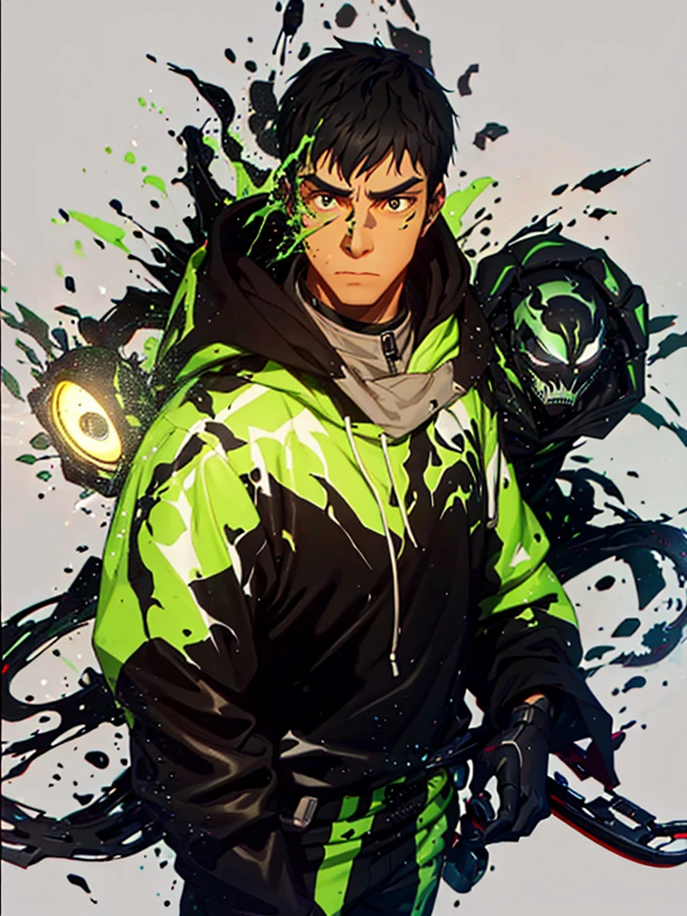 20 year old young man;
There&#39;s a shadow (monster) coming out of it;
There are many black hands around;
There&#39;s a cell phone floating around;
Short black hair with green highlights;
Wearing a hooded sweatshirt;

The thing that comes out of it looks like black mechanical goo like a symbiote 
