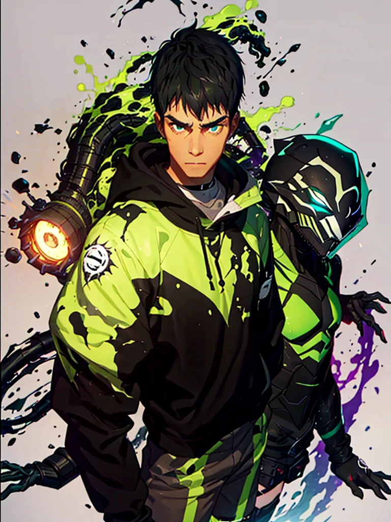 20 year old young man;
There&#39;s a shadow (monster) coming out of it;
There are many black hands around;
There&#39;s a cell phone floating around;
Short black hair with green highlights;
Wearing a hooded sweatshirt;

The thing that comes out of it looks like black mechanical goo like a symbiote 
