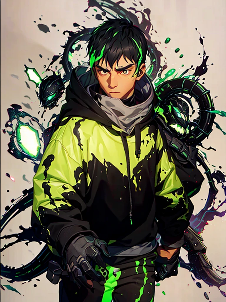 20 year old young man;
There&#39;s a shadow (monster) coming out of it;
There are many black hands around;
There&#39;s a cell phone floating around;
Short black hair with green highlights;
Wearing a hooded sweatshirt;

The thing that comes out of it looks like black mechanical goo like a symbiote 
