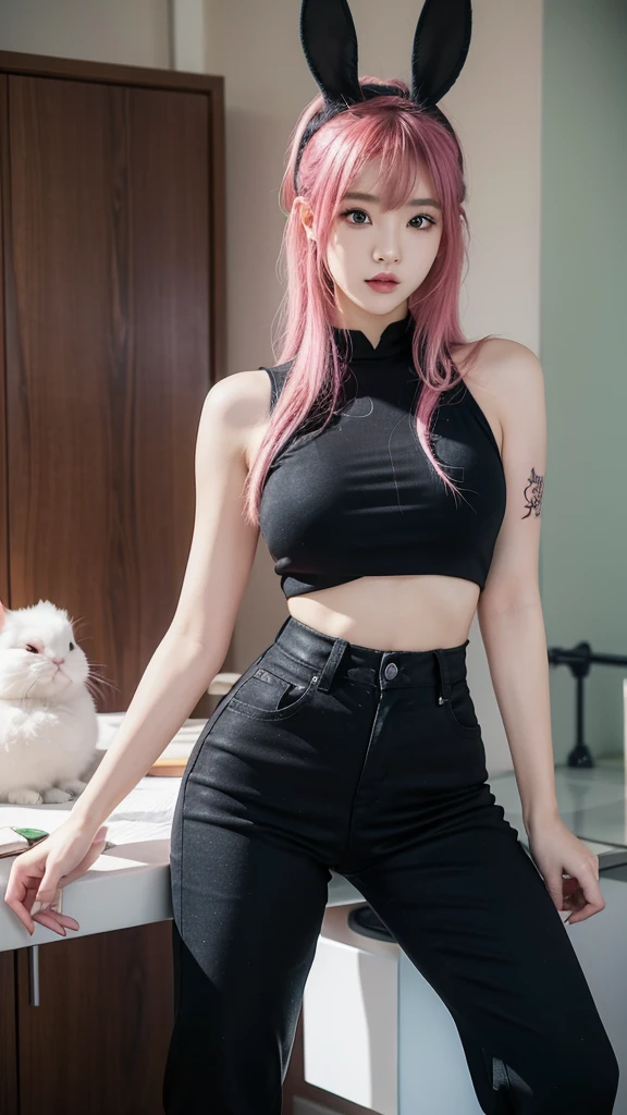 Asian girl, pink hair. Deep green eyes. black pants, a white top and a tattoo of rabbits on her arm. high-heeled boots. Busty