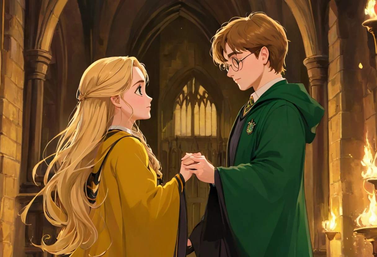 Casal blond, Harry Potter Sonserina blond, Hermione Hufflepuff and blonde, Harry Potter Slytherins fall in love in the enchanted world of Hogwarts, blond, Hermione Lufa Lufa loira e Harry Potter Sonserina blond se envolvem em uma história de amor mágica. The scene unfolds with breathtaking beauty and attention to detail, Obra de arte blond. As we delve deeper into this scene, the expertly crafted visuals capture the essence of their love. Os Cutes olhos detalhados de Hermione Lufa Lufa loira brilham com uma sensação de admiração, drawing you into their enchanting connection. O olhar intenso de Harry Potter Sonserina blond reflete sua admiração afetuosa por ela, the depth of your emotions radiating from your soulful eyes. Your lips meet in a tender embrace, Portrayed with delicate precision and captivating realism. Os intrincados detalhes de seus lábios formam uma união perfeita de blonds, your love immortalized by masterful brushstrokes. Harry Potter Sonserina blond e Hermione Lufa Lufa loira, couple kiss, Cutes, in love