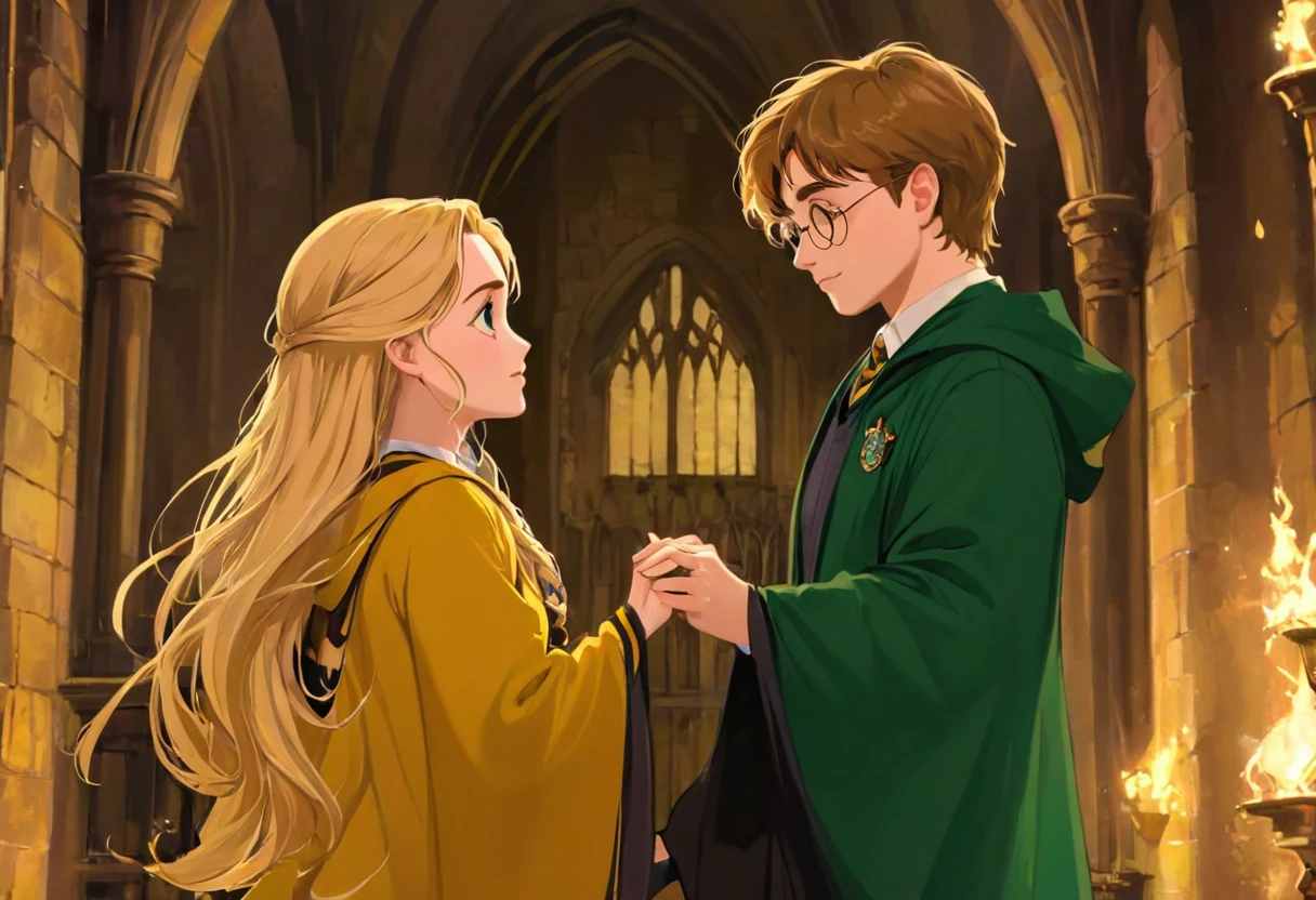 Casal blond, Harry Potter Sonserina blond, Hermione Hufflepuff and blonde, Harry Potter Slytherins fall in love in the enchanted world of Hogwarts, blond, Hermione Lufa Lufa loira e Harry Potter Sonserina blond se envolvem em uma história de amor mágica. The scene unfolds with breathtaking beauty and attention to detail, Obra de arte blond. As we delve deeper into this scene, the expertly crafted visuals capture the essence of their love. Os Cutes olhos detalhados de Hermione Lufa Lufa loira brilham com uma sensação de admiração, drawing you into their enchanting connection. O olhar intenso de Harry Potter Sonserina blond reflete sua admiração afetuosa por ela, the depth of your emotions radiating from your soulful eyes. Your lips meet in a tender embrace, Portrayed with delicate precision and captivating realism. Os intrincados detalhes de seus lábios formam uma união perfeita de blonds, your love immortalized by masterful brushstrokes. Harry Potter Sonserina blond e Hermione Lufa Lufa loira, couple kiss, Cutes, in love