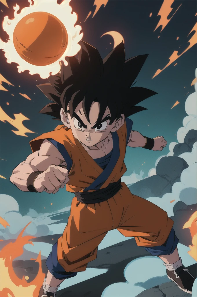 Manga style, illustration, line art style, high quality, manga masterpiece, highres, very detailed, digital illustration, small ??? Goku, Dragonball, black hair, spiked hair, real goku clothes orange color, black belt and black shoes, fire ball, dougi, solo male , outdoors,fighting,