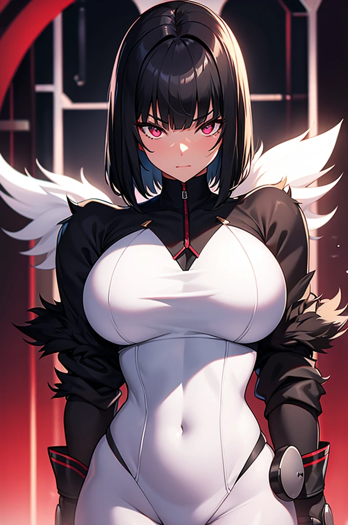 girl, with giant breasts, black fur, short hair, crimson eyes, White spy suit , black ebony skin.