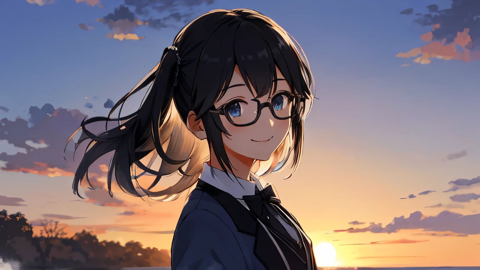 yurika, masterpiece, 1female, solo, pov, black hair, blue eyes, medium hair, glasses, formal clothes, standing, mature face, smiling, face focus, limbo, sunset