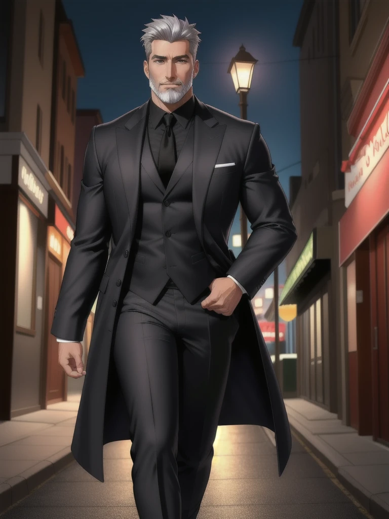 hq digital art style, A tall man, a well-shaped body for the age it appears to be, having a straight posture, giving confidence and security to the people who see it. There are no scars on his face, has a full gray beard and short hair combed back, also gray, His eyes are dark green and he appears to have eyebrows. He is wearing a formal coat and walks on the dark streets of a city.