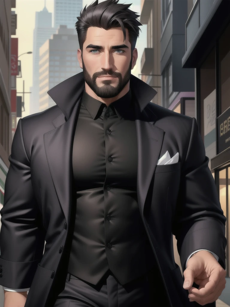 hq digital art style, A tall man, a well-shaped body for the age it appears to be, having a straight posture, giving confidence and security to the people who see it. There are no scars on his face, has a full gray beard and short hair combed back, also gray, His eyes are dark green and he appears to have eyebrows. He is wearing a formal coat and walks on the dark streets of a city.