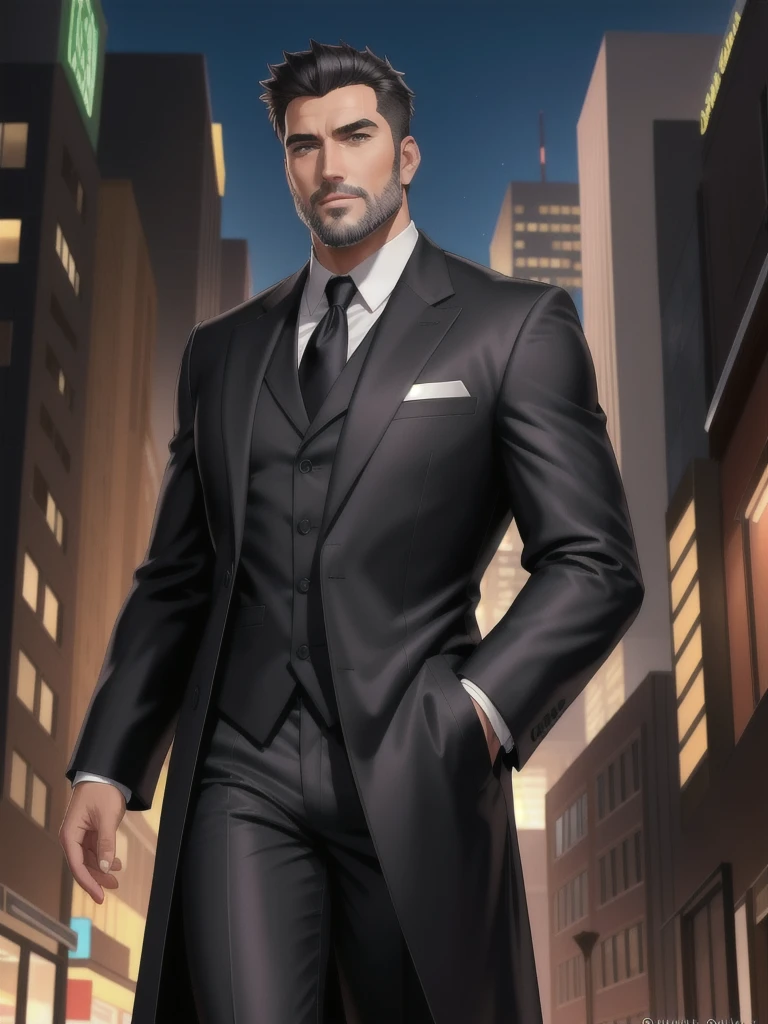 hq digital art style, A tall man, a well-shaped body for the age it appears to be, having a straight posture, giving confidence and security to the people who see it. There are no scars on his face, has a full gray beard and short hair combed back, also gray, His eyes are dark green and he appears to have eyebrows. He is wearing a formal coat and walks on the dark streets of a city.