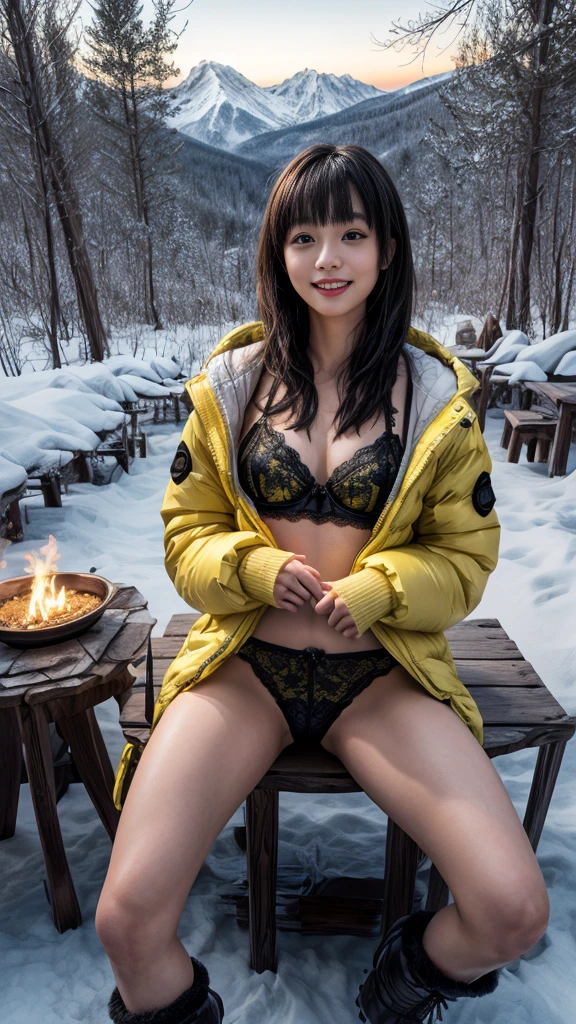 nsfw、(((Night view)))、((White Breath、Beautiful starry sky、In the mountains、smile、in the forest、winter、Cottage))、Sit in front of the bonfire、Outdoor、(((Front open black short down jacket)))、((Leg warmers))、((Trekking boots))、 table、((Big Breasts))、short hair、((blunt bangs))、High resolution、High resolution、In 8K、Real Live Action、RAW Photosgraphy、Highest quality、masterpiece、tableトップ、erotic,White skin,knees, Absurd,Small face、masterpiece,Highest quality、超High resolution,RAW Photos,only,One person, One personで,whole body、very nice、Japanese women,(Realistic:1.4)、Photon Mapping、Realistic、Beautiful woman、物理ベースのonlyダリング、Qianfang、Depth of field rally background、 Soft Nose, Sparkling eyes、Glossy Lips、((Spread your legs))、(((Detailed design of black lace yellow lingerie is visible:1.1)))、(((Ultra Small Panties)))