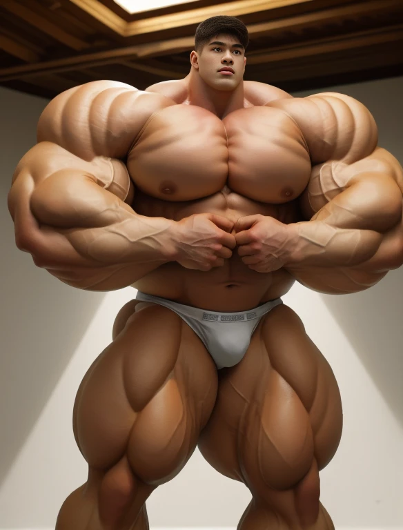 1boy, giant, alone, giant bodybuilder, illuminating light, strong body, bulk, large size, standing in white photo studio, indoor, nude, white triangular underwear, thick bulge, scratch his bulge, extraordinary big, brutalmass, giant muscular body, bulk, buff, massive body, large meaty body size, extremely wide body