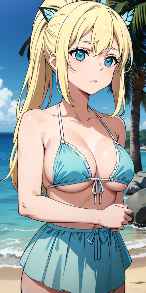 Seina Kashiwazaki, 1girl in, a blond, ponytail, butterfly hair ornament, (medium breast), Light blue micro bikini, (upper body:1.5), sand beach