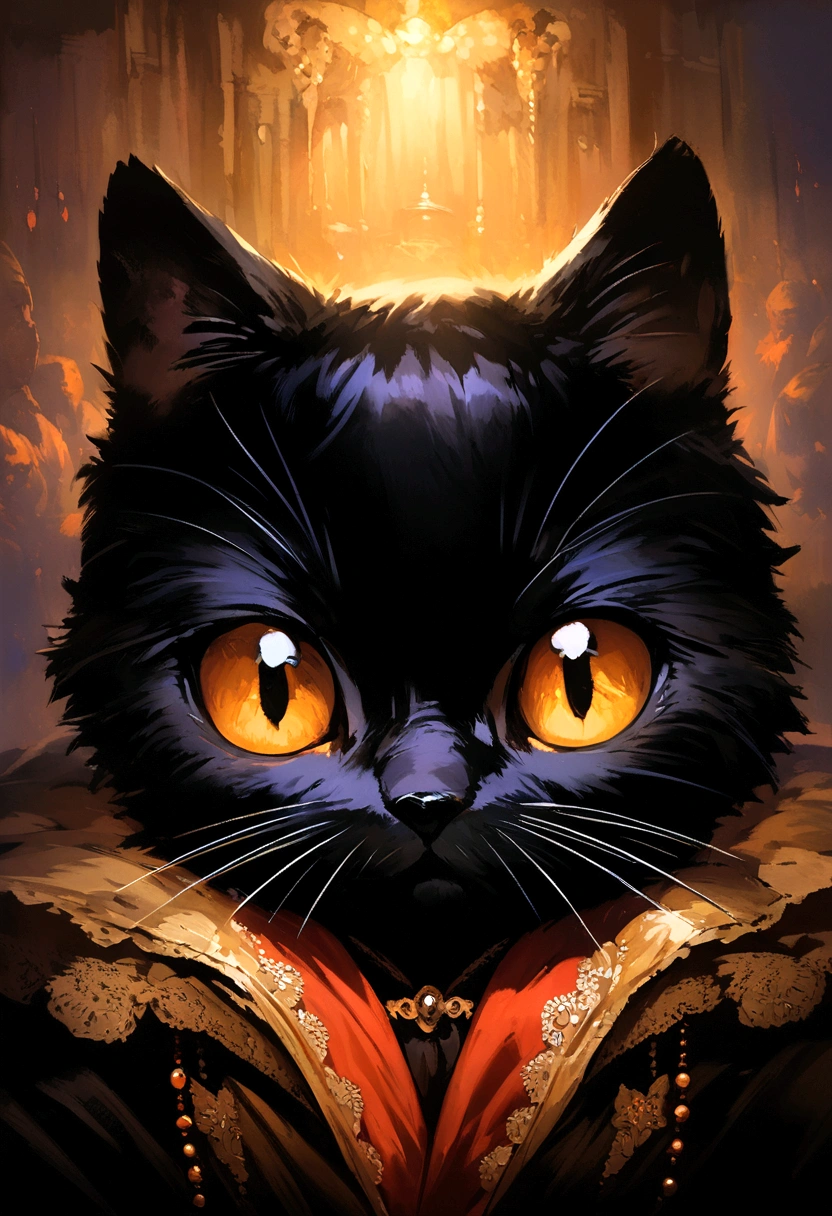 Heavy oil painting, Rembrandt van Rijn, Close-up of a cute black cat with a mysterious look, Atmospheric setting,