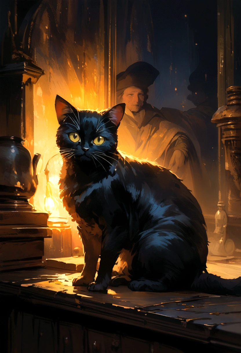 Heavy oil painting, Rembrandt van Rijn, Close-up of a cute black cat with a mysterious look, Atmospheric setting,