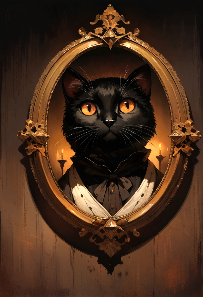 Heavy oil painting, Rembrandt van Rijn, Close-up of a cute black cat with a mysterious look, Atmospheric setting,