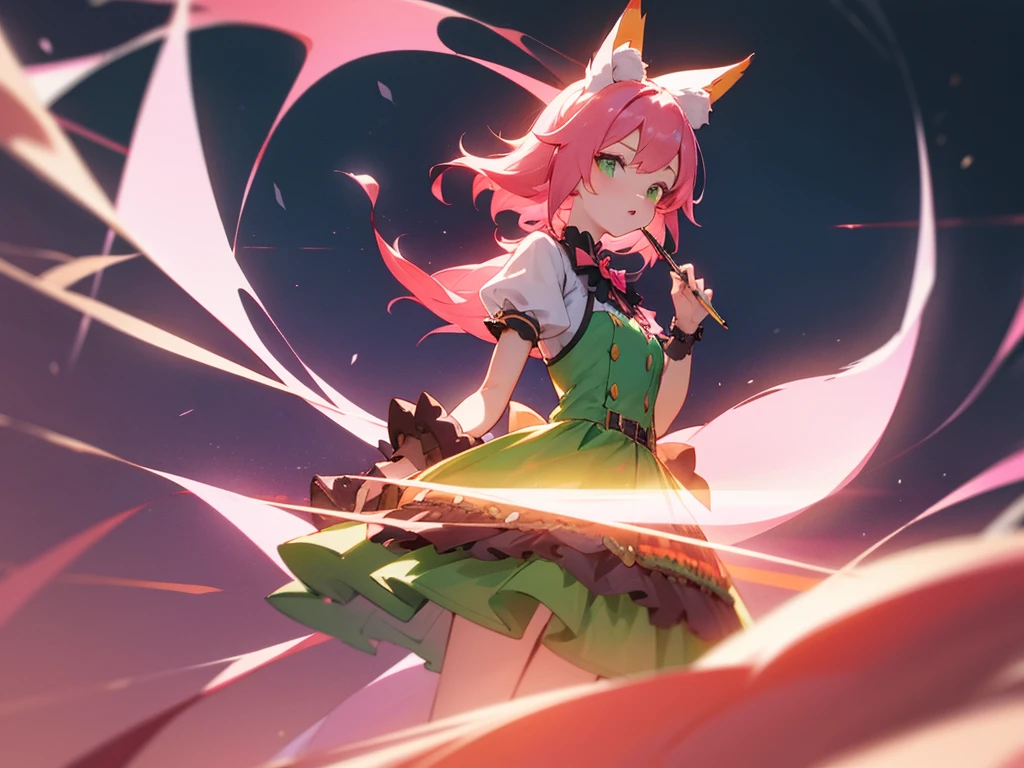 kitsune idol with pen and paper, foxgirl, pink fox ears, pink fox tails, pink hair, green eyes, light blue idol dress, tavern background, high quality, masterpiece,