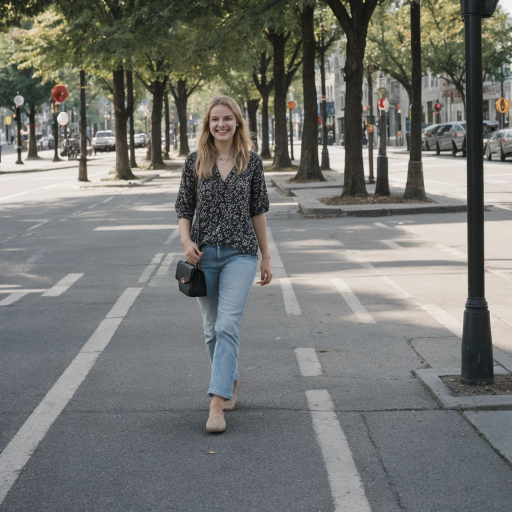 arafed blonde woman walking down a sidewalk with a purse, on the street, on the street, in city street, wearing casual clothing, smiling fashion model, cute young woman, on a street, in the city, wearing a blouse, wearing a cute top, at a city street, in the street, young blonde woman, subtle details