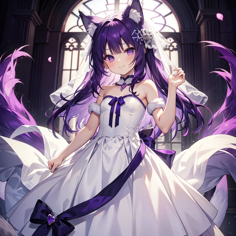 Cute, young, flat chest, , wedding dress, wolf ears, fluffy tail, dark purple hair, dark purple tail, smiling
