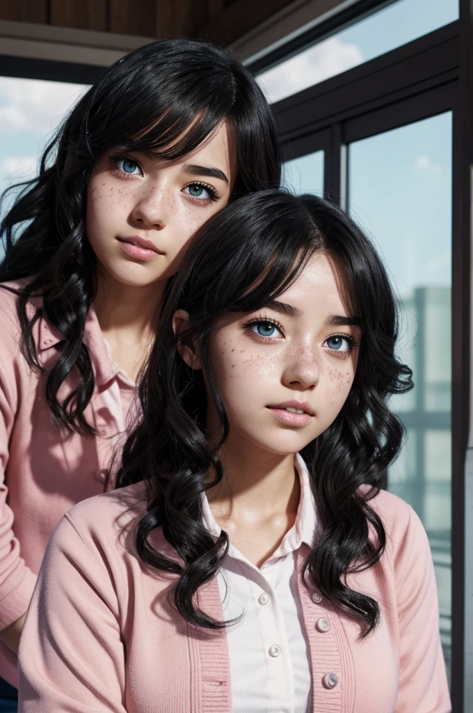 Boku no hero academia screenshot of a girl with curly black hair that reaches her shoulders, pink eyes and freckles all over her cheeks, moles under your eyes