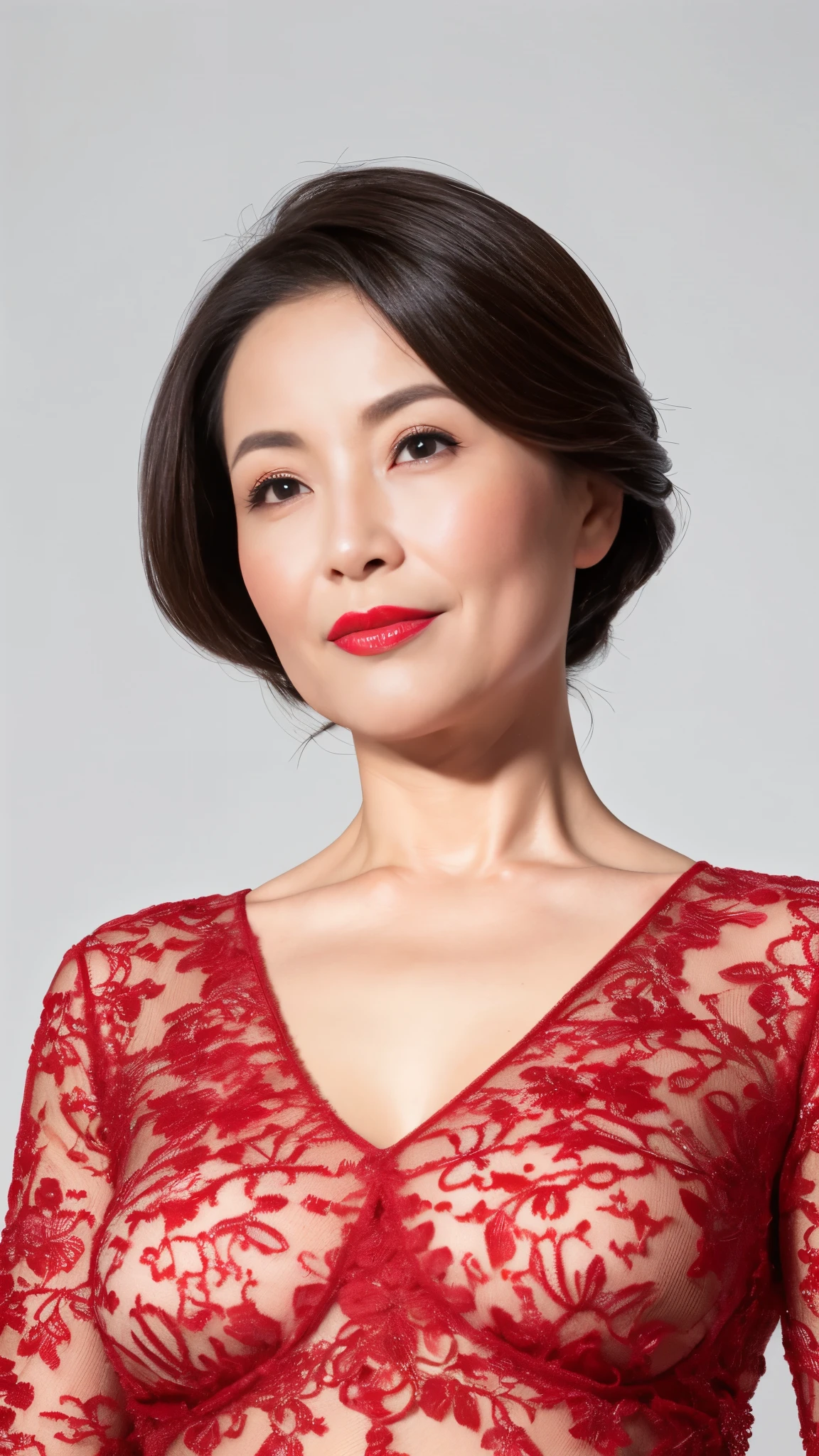 Remove Background, gravure, Draw lips correctly, Red lipstick, From the chest up, Tabletop, Highest quality, Super detailed, Realistic, Highly detailed skin, Perfect Anatomy, (1 Chinese), (alone), 100 years old, Large Breasts, Mature female politician, Glamour, Sexy, Chromo White Skin, View your viewers