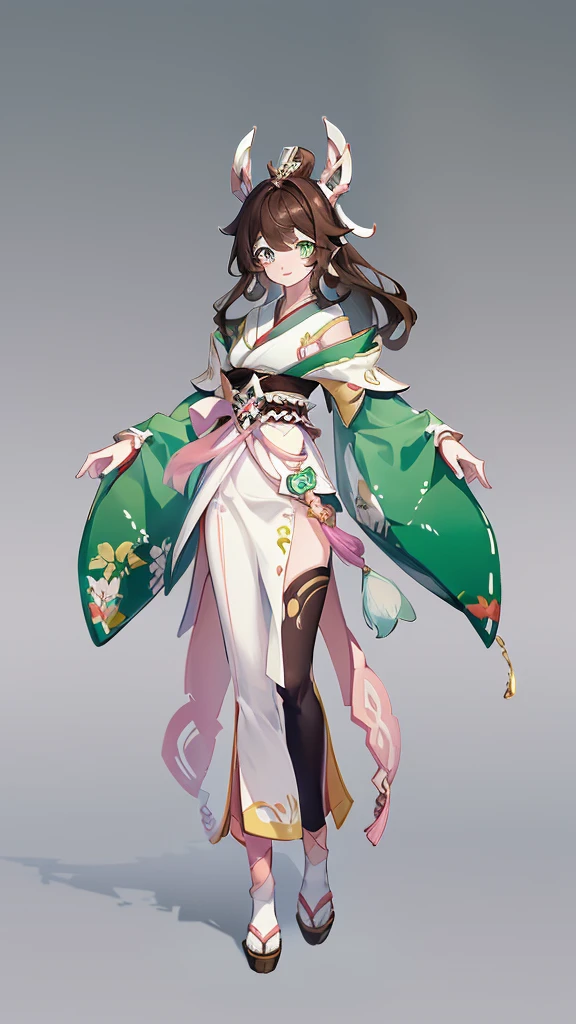((Genshin impact style)) (masterpiece), (high quality), 1 girl, 16 years, female body, white skin, freckles, ((long, and wavy DARK-BROWN HAIR)), ((green and bright eyes)), she has a cheerful, kind and sweet expression, pink lips with a big smile, designs from East Asian, Game character costume design, Japanese clothing style with a green and light pink color palette, Japanese hair accessories, ((White background, Cute, bright and colorful pink details)), ((full body standing panting)), intricate details, lens flare，ultra high resolution，sharp focus，HD，8k，clear facial features，clear details，beautiful eyes，beautiful face