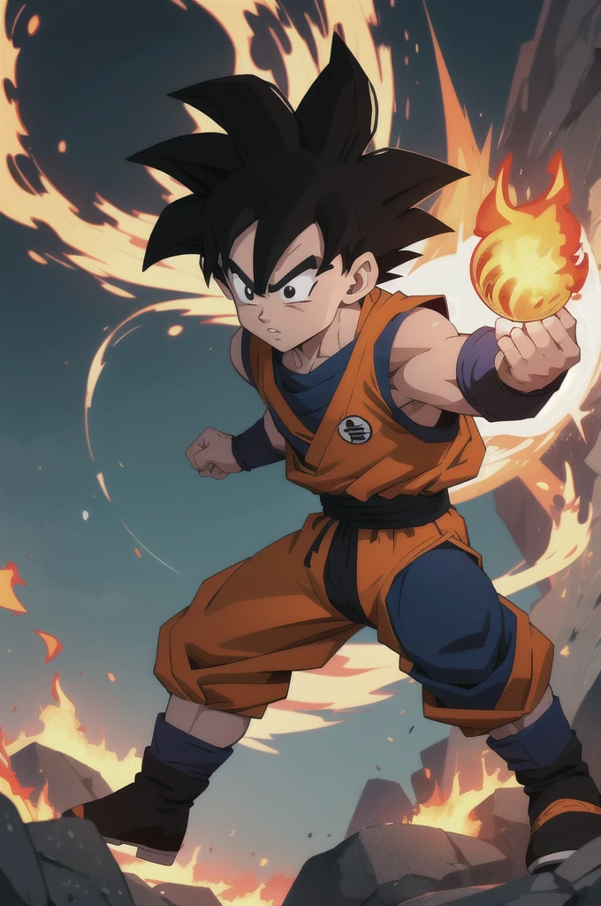 Manga style, illustration, line art style, high quality, manga masterpiece, highres, very detailed, digital illustration, small Goku, Dragonball, black hair, spiked hair, real goku clothes orange color, black belt and black shoes, fire ball, dougi, solo male , outdoors,fighting,
