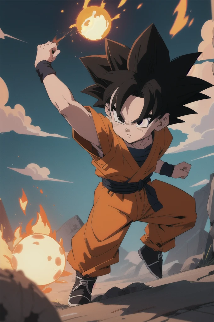 Manga style, illustration, line art style, high quality, manga masterpiece, highres, very detailed, digital illustration, small Kid Goku, Dragonball, black hair, spiked hair, real goku clothes orange color, black belt and black shoes, fire ball, dougi, solo male , outdoors,fighting,