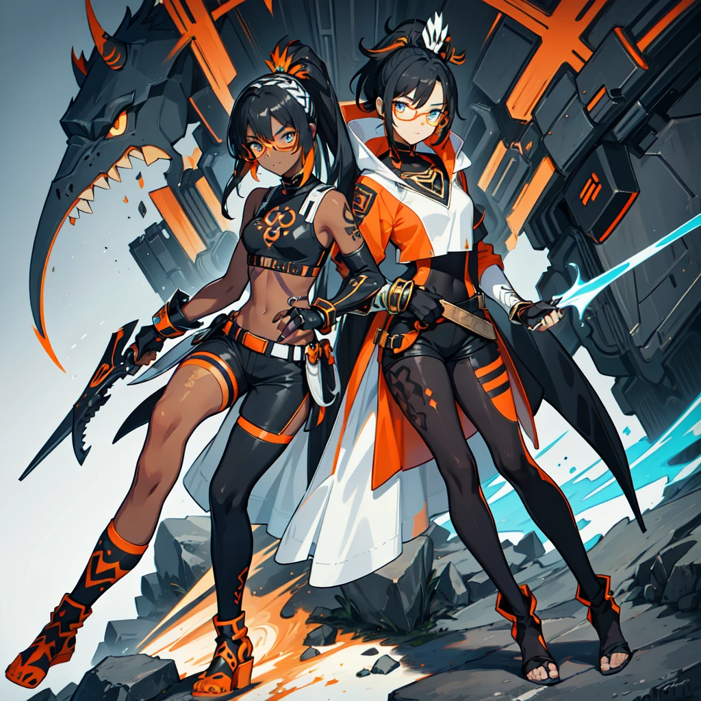 (((one caracter))), female, (((darkskin)))), Black hair with ponytail, clear blue eyes, Round glasses with a small dark lens, this lens being orange, and the Light Blue frame, (((Black metallic gauntlets and greaves with orange and silver highlights)), (((The clothes have a mix of modern and tribal)))), Having mainly black color,  but having orange pieces, Shoulders on display, On the Hip one Shorts extending to Half Thigh in black.