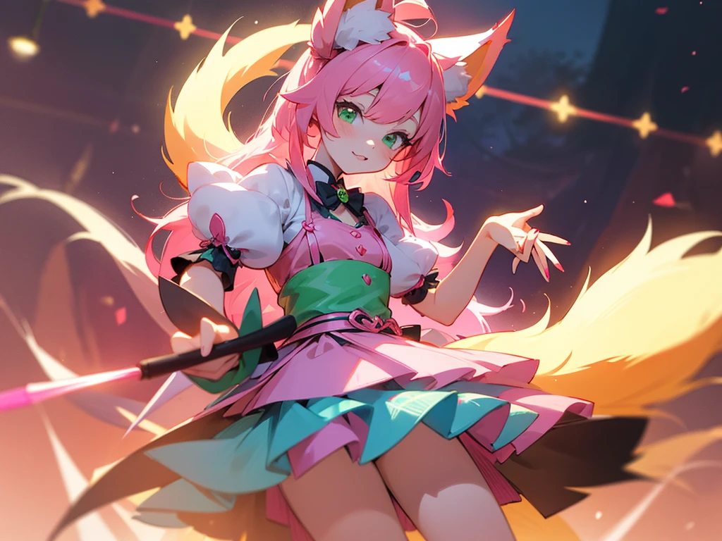 kitsune idol with pen on right hand, foxgirl, pink fox ears, pink fox tails, pink hair, green eyes, light blue idol dress, tavern background, high quality, masterpiece