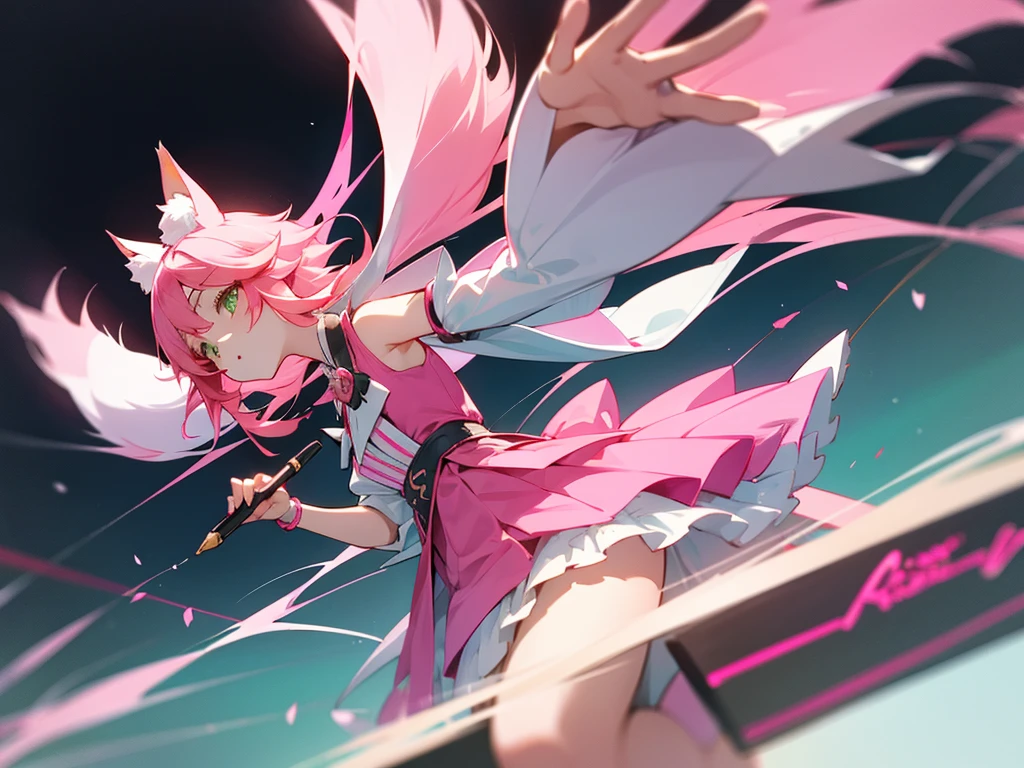 kitsune idol with pen on right hand, foxgirl, pink fox ears, pink fox tails, pink hair, green eyes, light blue idol dress, tavern background, high quality, masterpiece