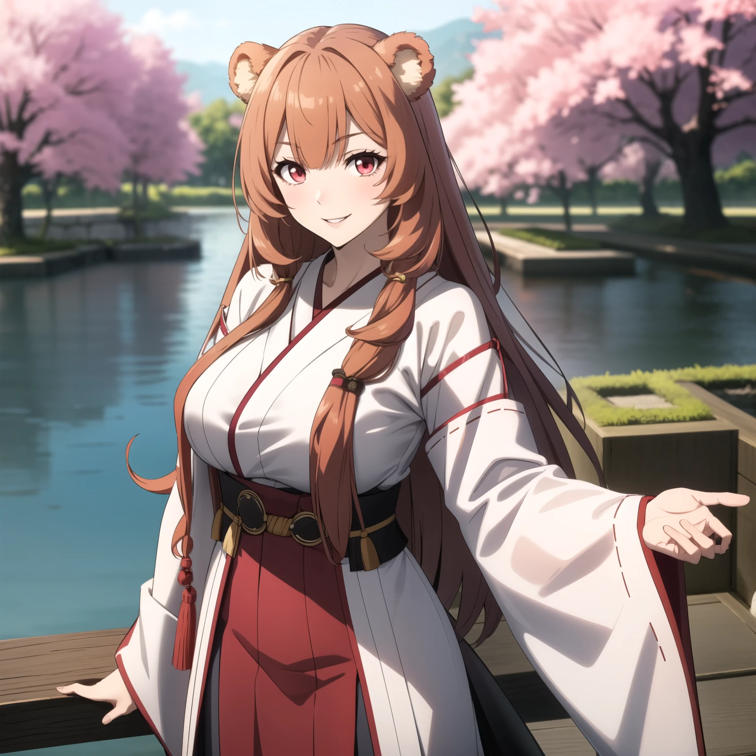 Raphtalia woman 35 years old straight orange hair , bear ears redondeadas, red eyes like ruby., flirtatious smile, pale skin, big breasts, japanese priestess clothing, White and red, pink belt, , bear ears, , background of a japanese garden, cherry trees. perfect hands.
