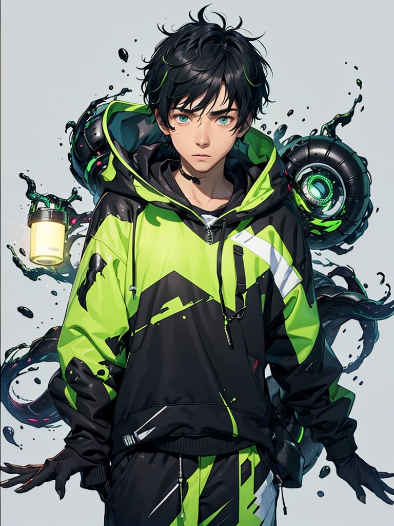 20 year old young man;
There's a shadow (monster) coming out of it;
There are many black hands around;
There's a cell phone floating around;
Short black hair with green highlights;
Wearing a hooded sweatshirt;
The thing that comes out of it looks like black mechanical goo like a symbiote