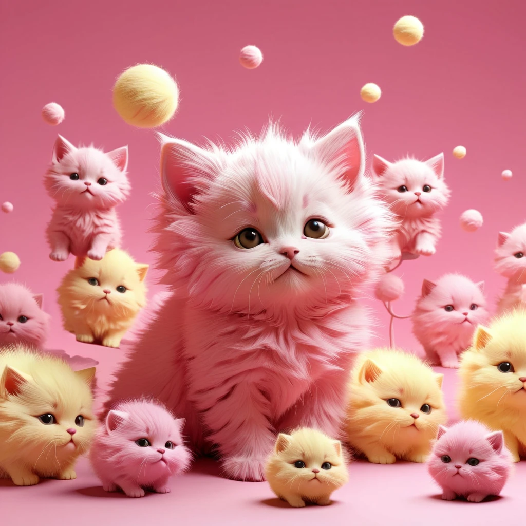 Many sphere silhouettes、Soft body line、Dark lines、High contrast、Rendered in a duotone style with matte yellow and pink colors、Expressing beauty to the fullest、Delicate、Inorganic、Softness、Lightness、BREAK、Cute Animals page、A small, precious, fluffy kitten gets lost、Cute
