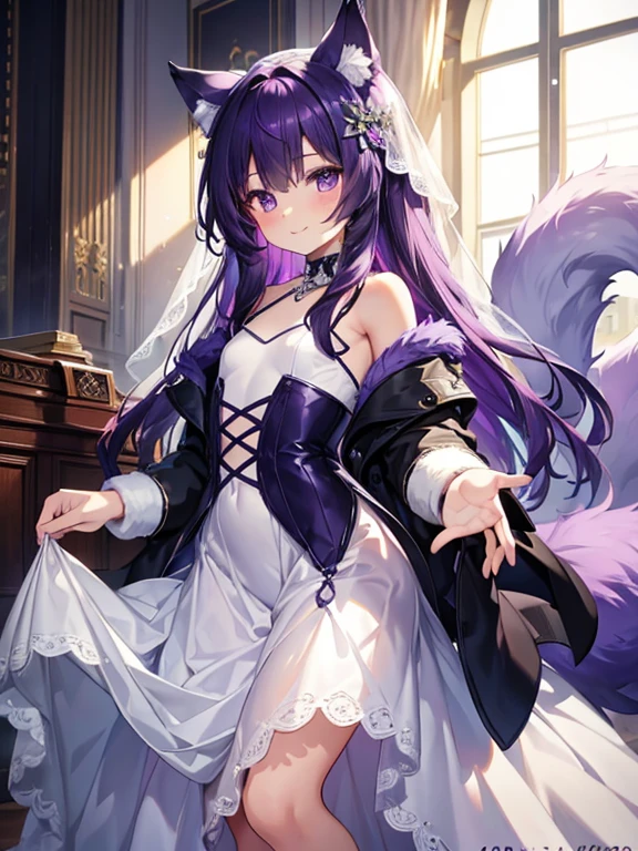 Cute, young, flat chest, 10 years old, wedding dress, wolf ears, fluffy tail, dark purple hair, dark purple tail, smiling