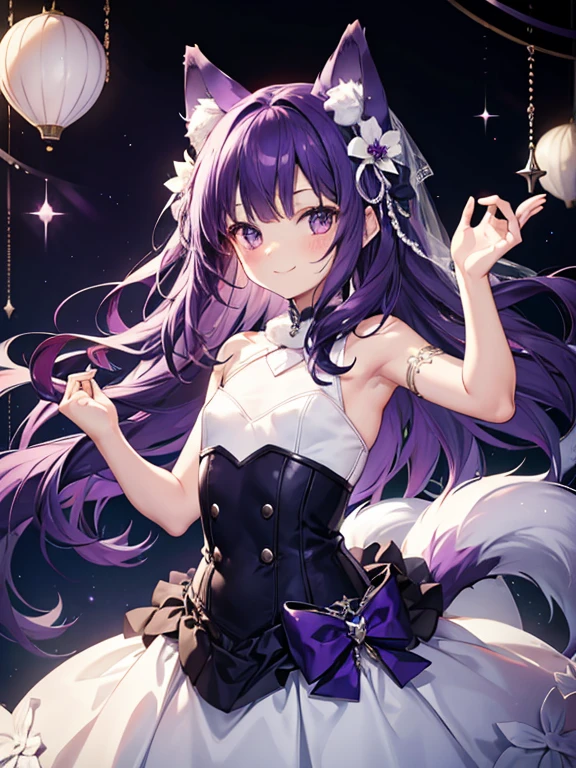1 girl、Mature、Ample breasts、Long Hair、Sharp Eyes、Purple Hair、Cat ear、Night view、hydrangea、Many wind chimes、camisole、Belly button、look back、A seductive smile、Bust-up perspective、High resolution、Highest quality、gem