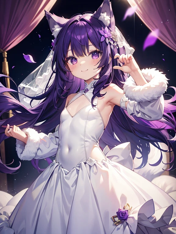 Cute, young, flat chest, 10 years old, wedding dress, wolf ears, fluffy tail, dark purple hair, dark purple tail, smiling