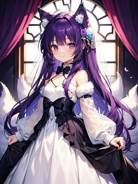 Cute, young, flat chest, 10 years old, wedding dress, wolf ears, fluffy tail, dark purple hair, dark purple tail, smiling