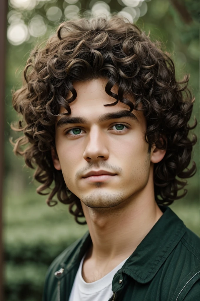 Dark-haired boy with curly hair and green eyes