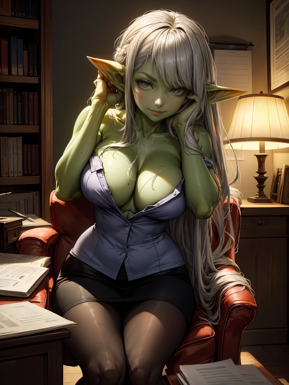 masterpiece, absurdres, 4k, (green skin), small pointy ears, portrait goblin woman psychiatrist, wearing blouse and skirt, sitting in large red armchair, medium breasts, in a small white office, diplomas on the wall, sly smile, ((long silver hair)), holding pad of paper and pen, silk pantyhose, volumetric lighting, grey eyes, office setting, ambient lighting, dimly lit, sexy lighting, psychiatrist office, wide stance