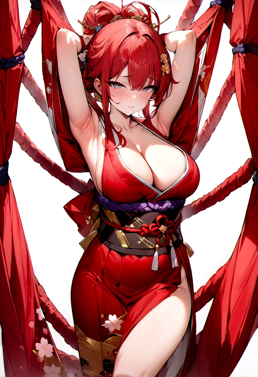 (masterpiece, best quality:1.2), White background、Long red hair tied up、Japanese style、White background、Red kimono、With arms outstretched、whole body、Plum blossom accessories、Plum blossom hair clip、Golden Japanese pattern decoration、whole body、Armpits and cleavage、